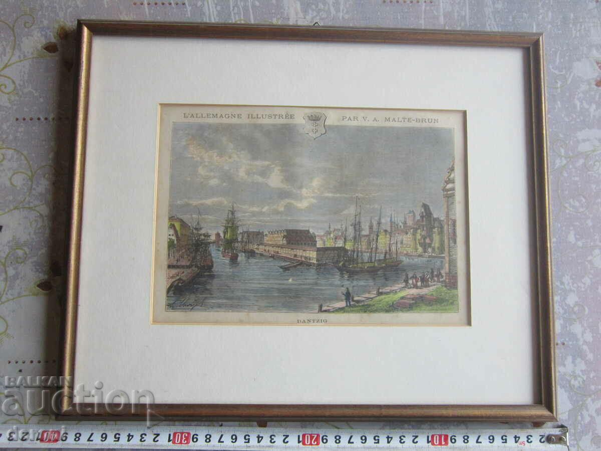 Original old engraving picture with certificate