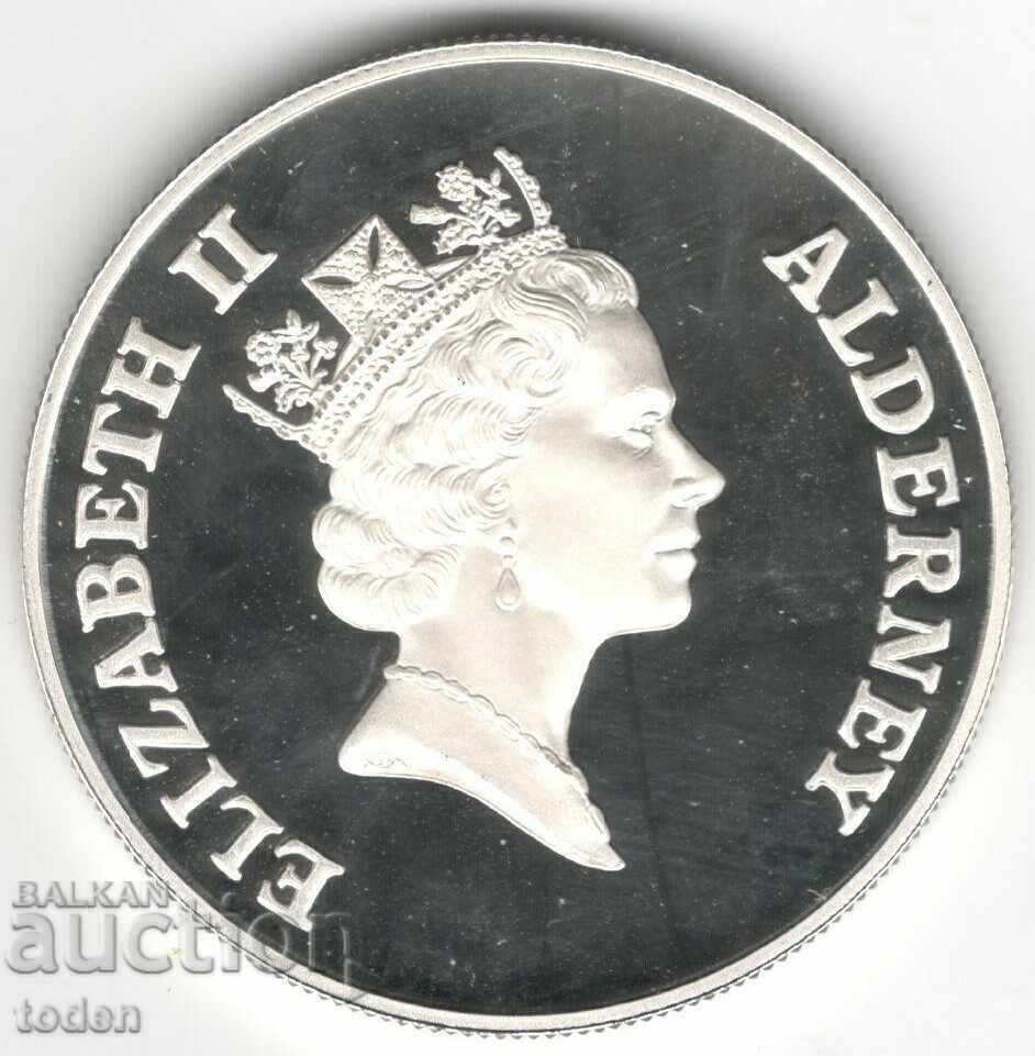 Alderney-5 Pounds-1995-KM# 14a-Queen Mother που λαμβάνει λουλούδι με τιμή € 51.13 | 100.00 BGN