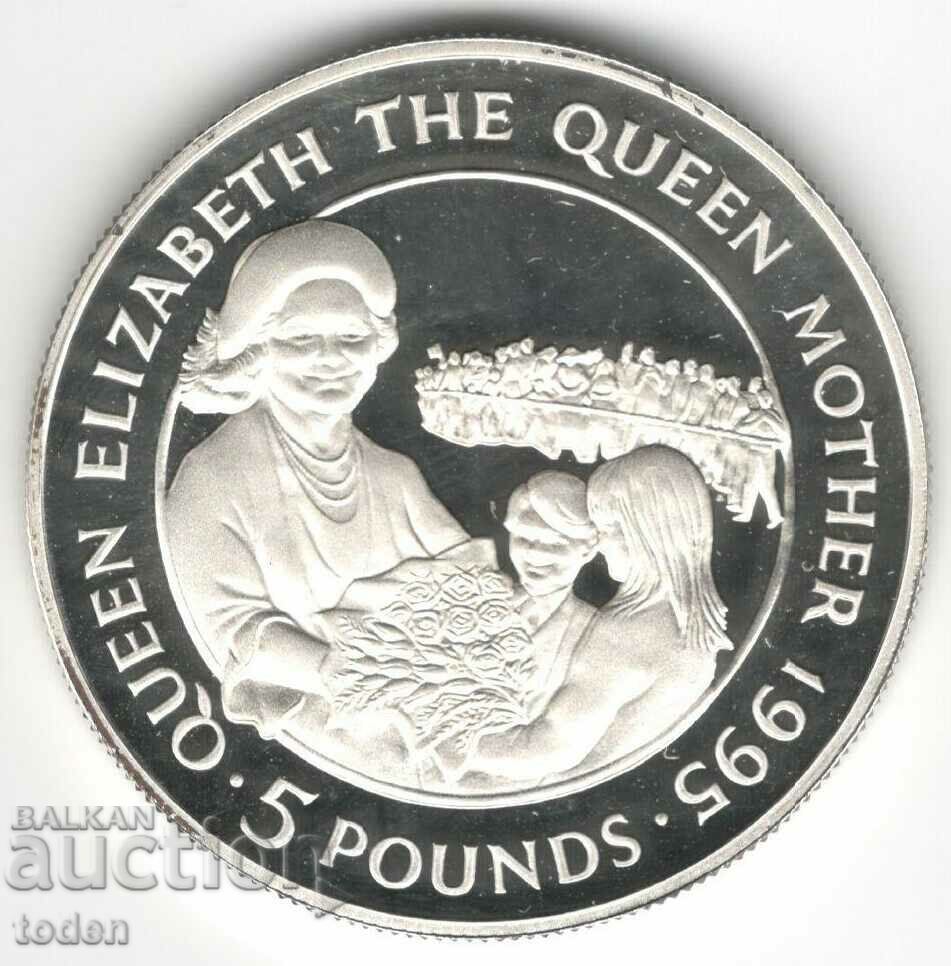 Alderney-5 Pounds-1995-KM# 14a-Queen Mother receiving flower