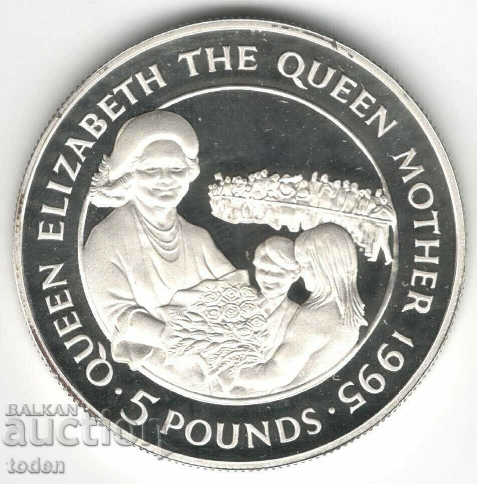 Alderney-5 Pounds-1995-KM# 14a-Queen Mother που λαμβάνει λουλούδι