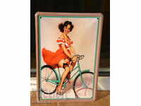 Metal sign woman on bicycle erotic bike retro good