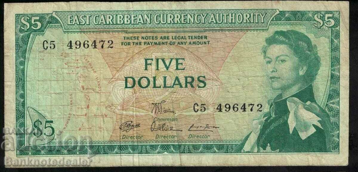 East Caribbean Currency  5  Dollars 1965 Pick 14 Ref 6472