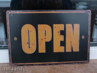 Metal sign inscription open OPEN shop establishment decor