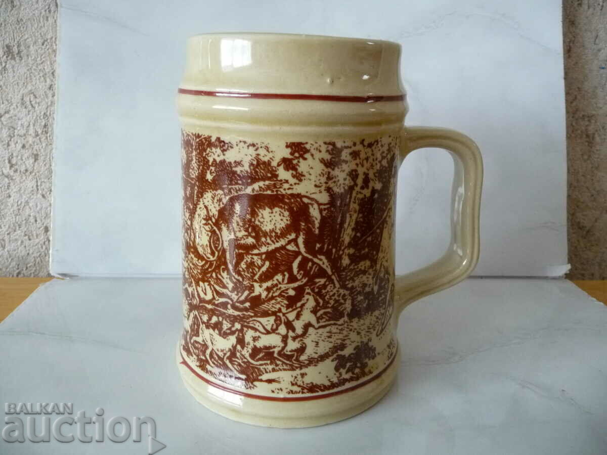 Auction Old ceramic beer mug with Bulgarian deer hunting motifs Auction Old ceramic beer mug with Bulgarian deer hunting motifs