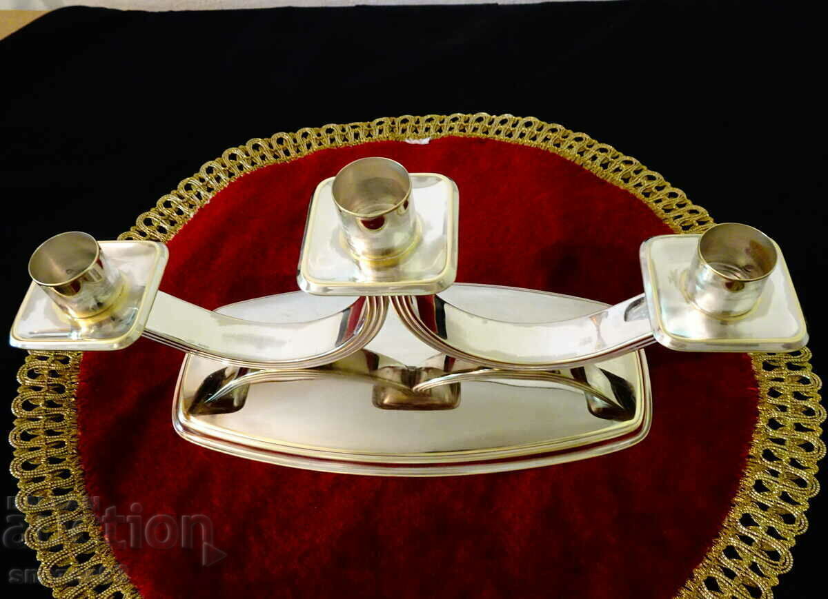 Auction  Silver-plated candlestick for three candles, triple candlestick.