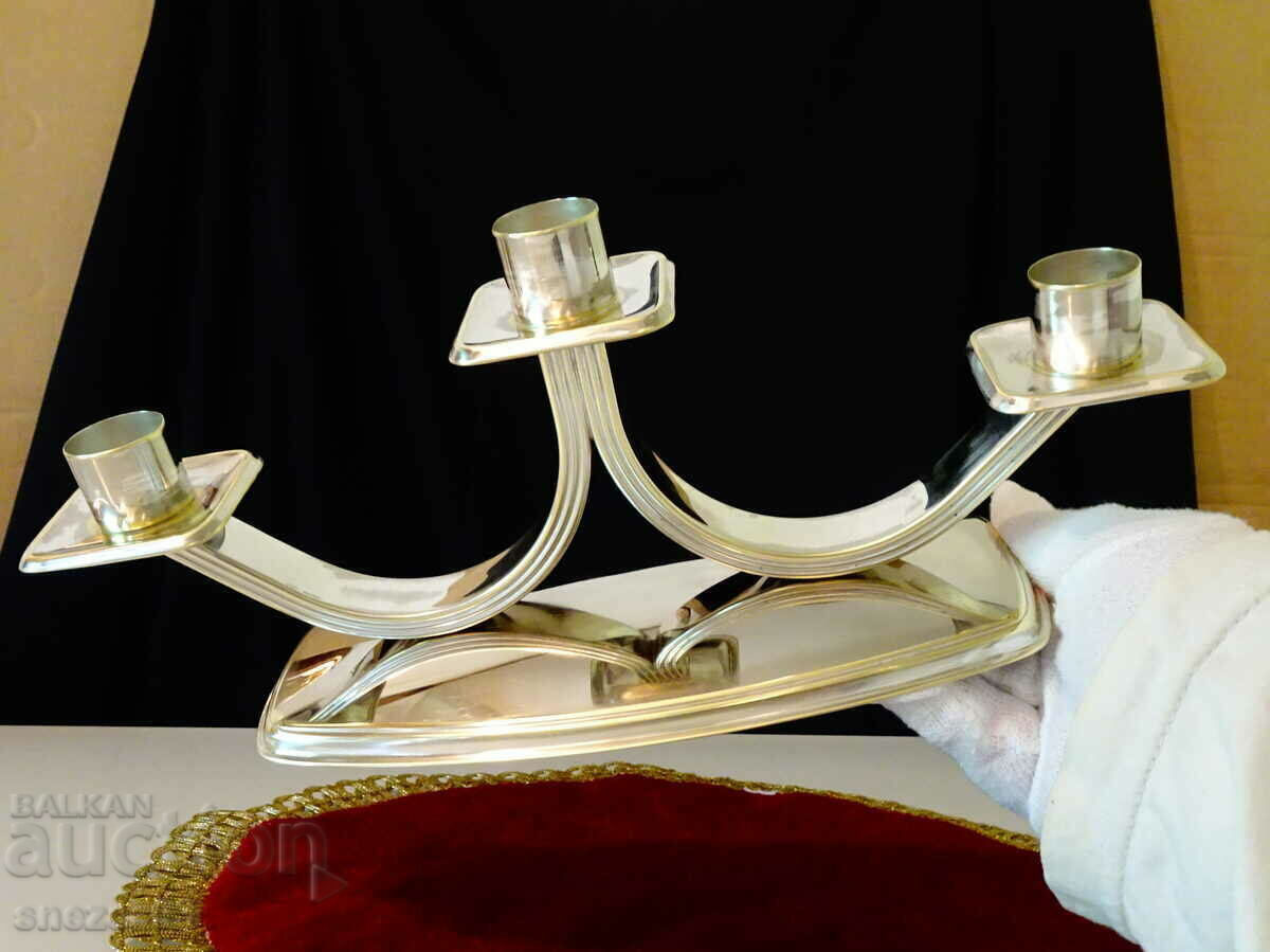 Silver-plated candlestick for three candles, triple candlestick. - 6