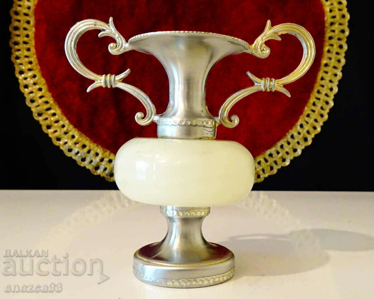Auction Silver-plated amphora, vase, candlestick, white onyx. Auction Silver-plated amphora, vase, candlestick, white onyx.