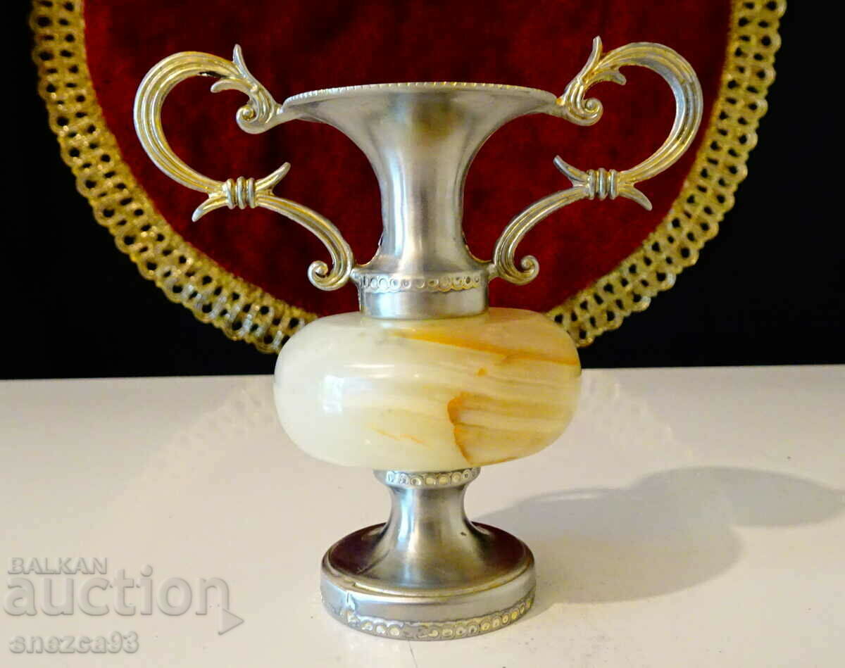 Silver-plated amphora, vase, candlestick, white onyx.