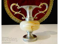 Silver-plated amphora, vase, candlestick, white onyx.