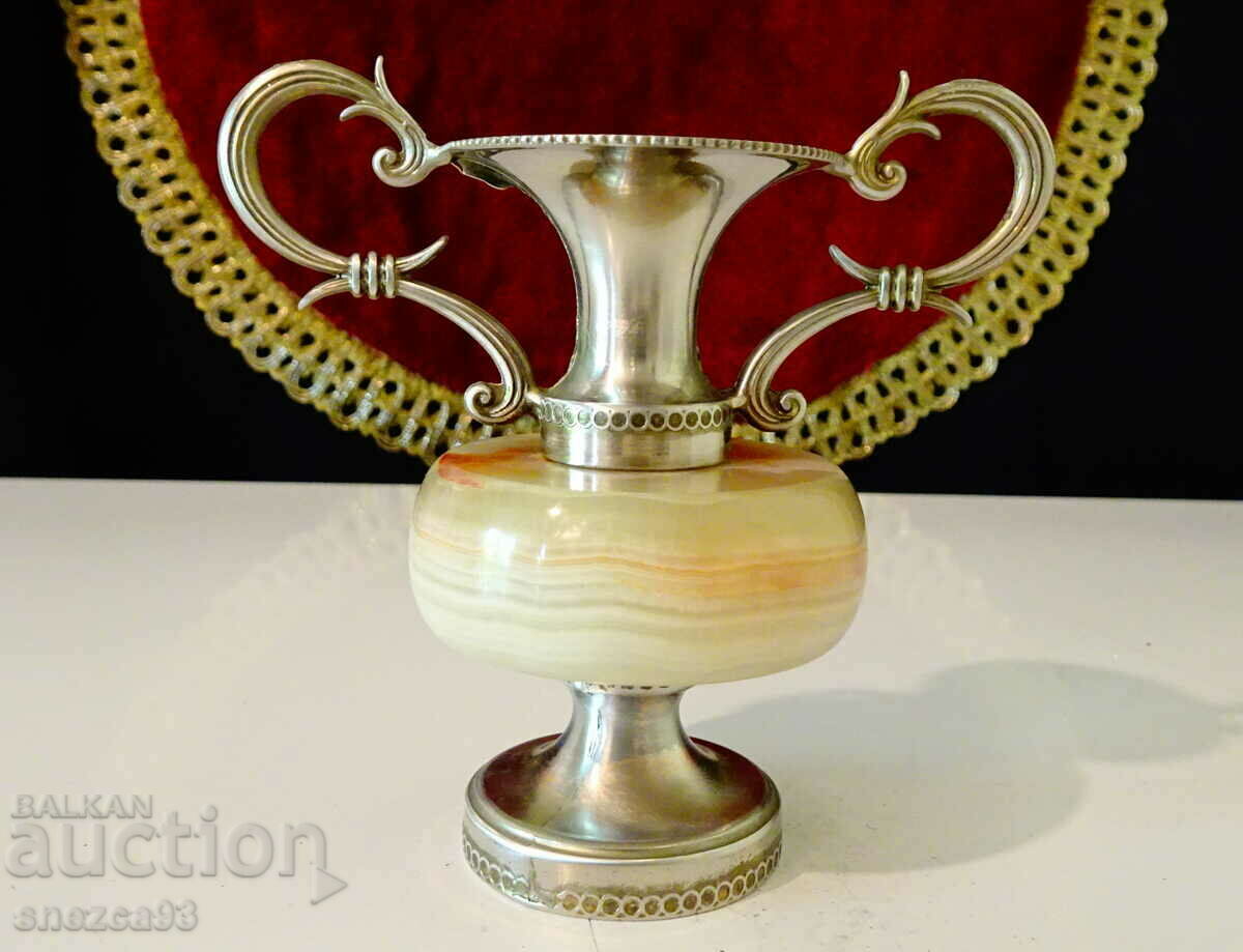 Silver-plated amphora, vase, candlestick, jade onyx.