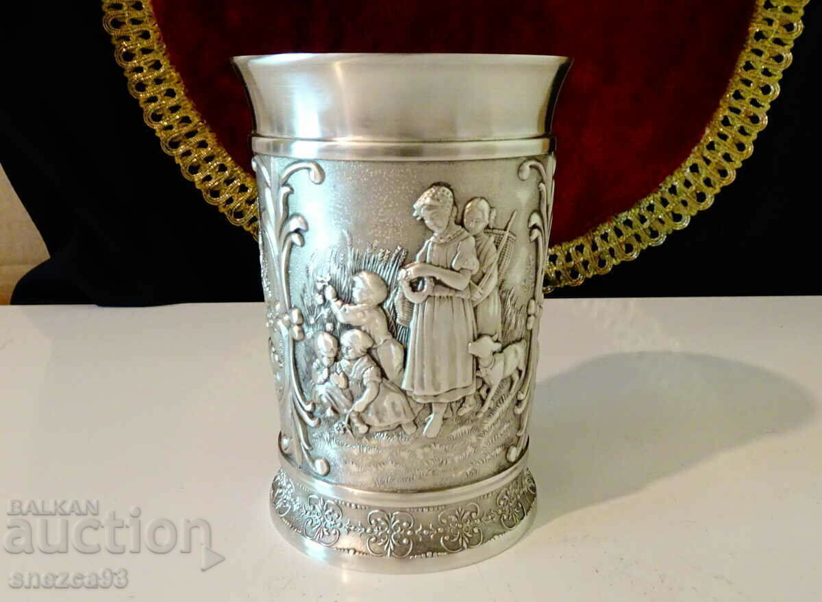 Ceașcă de cositor 300 ml, halbă, picturi rurale unice Ceașcă de cositor 300 ml, halbă, picturi rurale unice