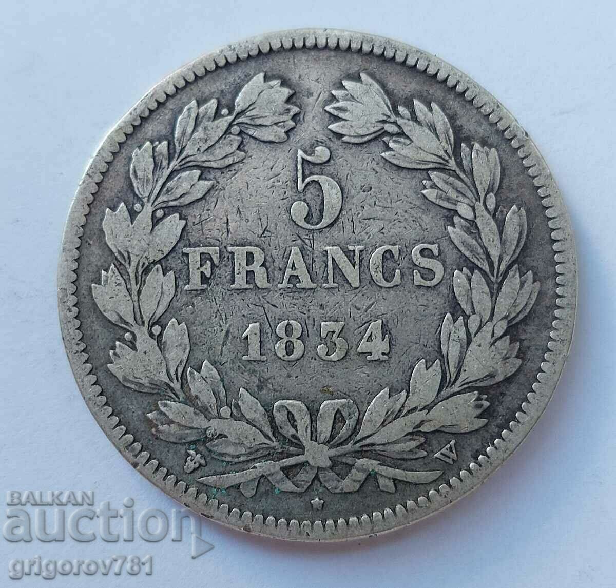 Moneda de argint 5 Franci Franța 1834 W #58