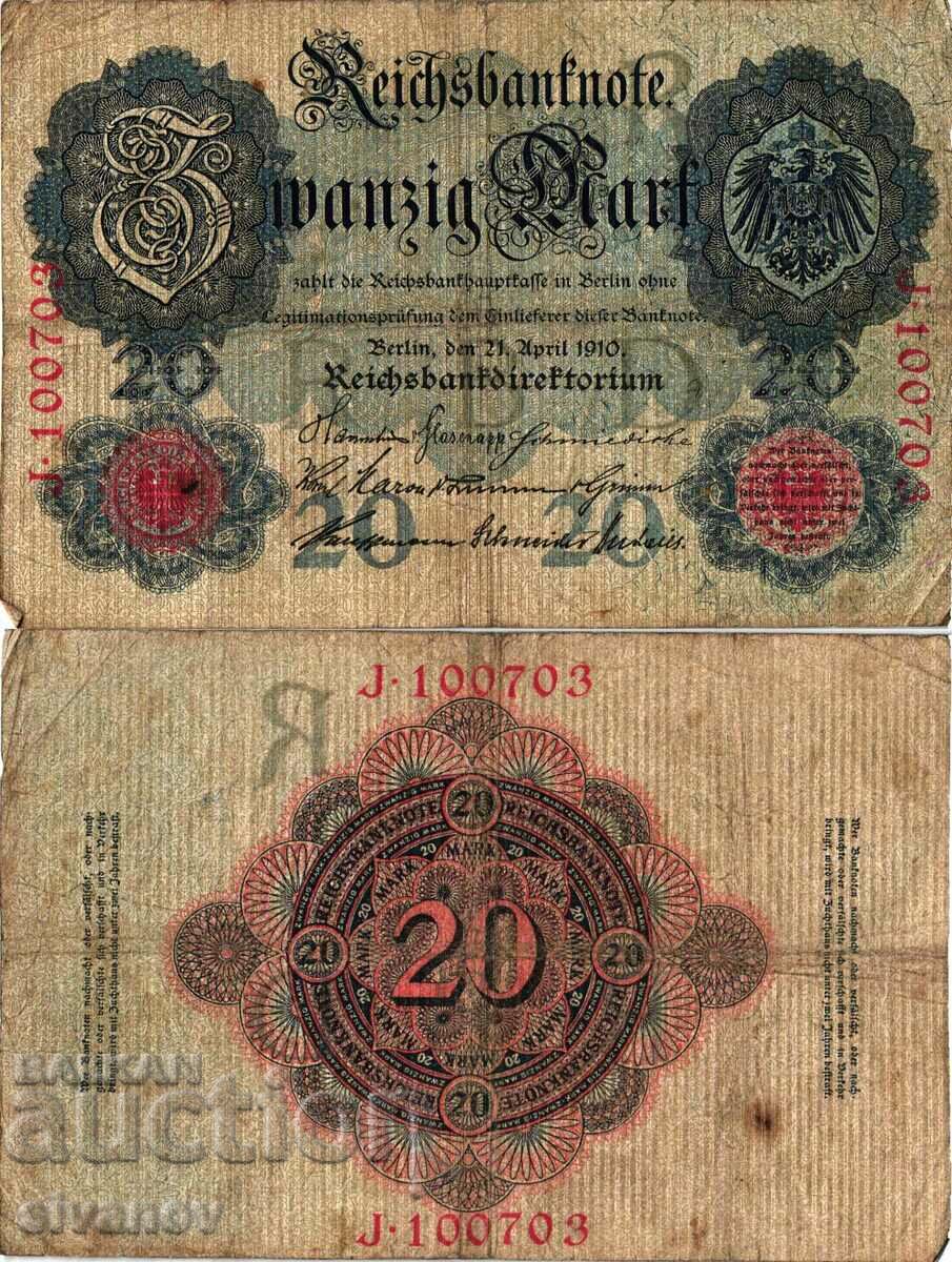 Germany 20 Marks 1910 6 digit number #4347