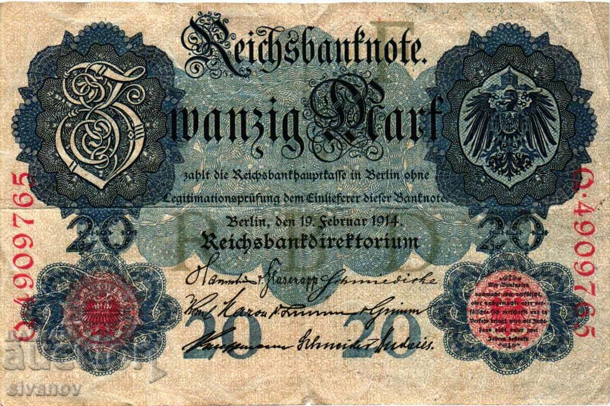 Germany 20 Marks 1914 7 digit number #4357 with price 4.99 BGN | € 2.55 Germany 20 Marks 1914 7 digit number #4357 with price 4.99 BGN | € 2.55