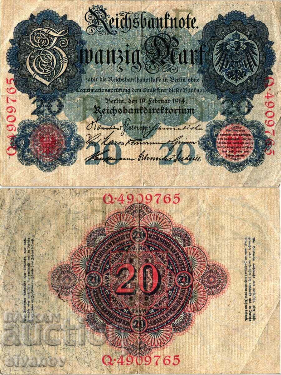 Germany 20 Marks 1914 7 digit number #4357
