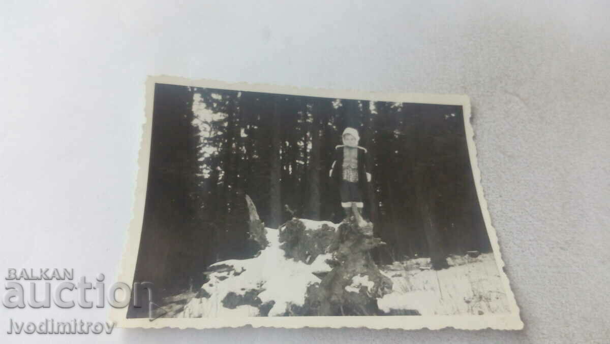 Foto Fată pe un buștean în timpul iernii