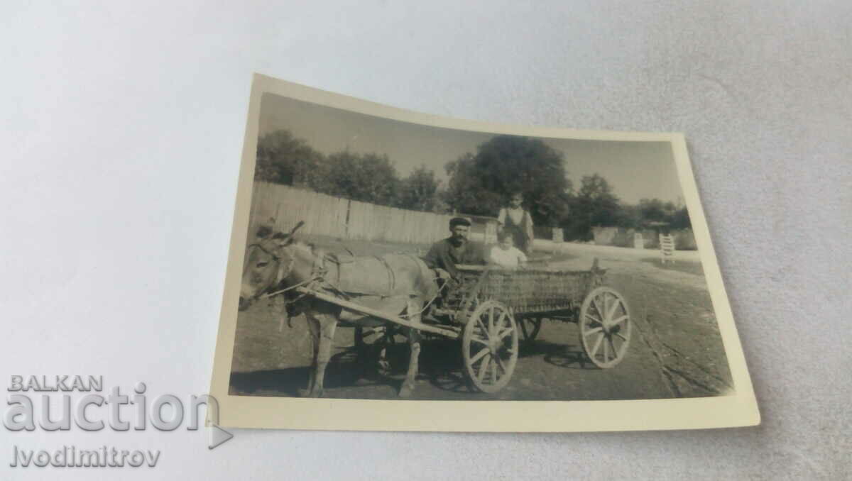 Снимка Мъж и две деца с магарешка каруца
