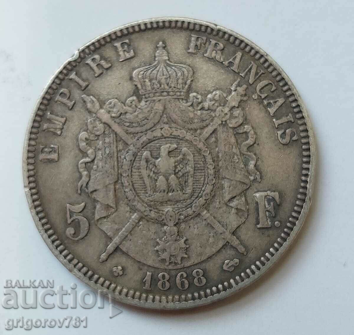 5 франка сребро Франция 1868 ВВ - сребърна монета #73 с цена € 34.26 | 67.01 лв.