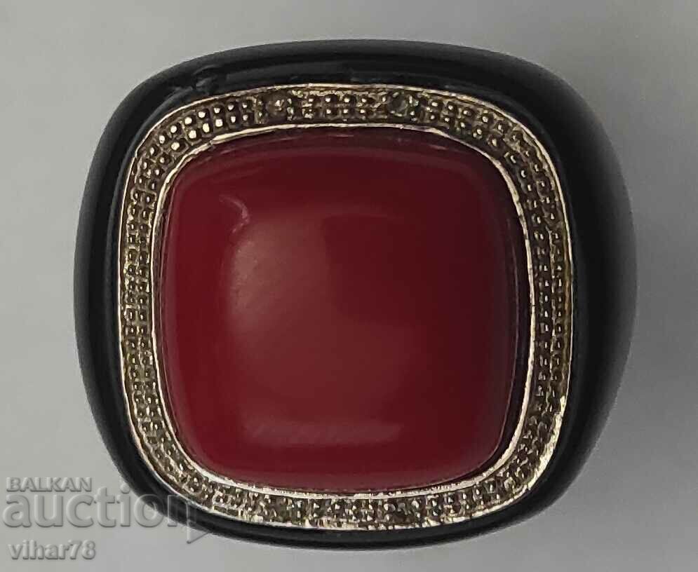 SILVER RING WITH CORAL, DIAMONDS AND BLACK ONYX - 7 SILVER RING WITH CORAL, DIAMONDS AND BLACK ONYX - 7