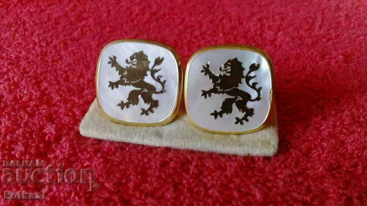 Old Metal Cufflinks Mother of Pearl Lions Buttonholes