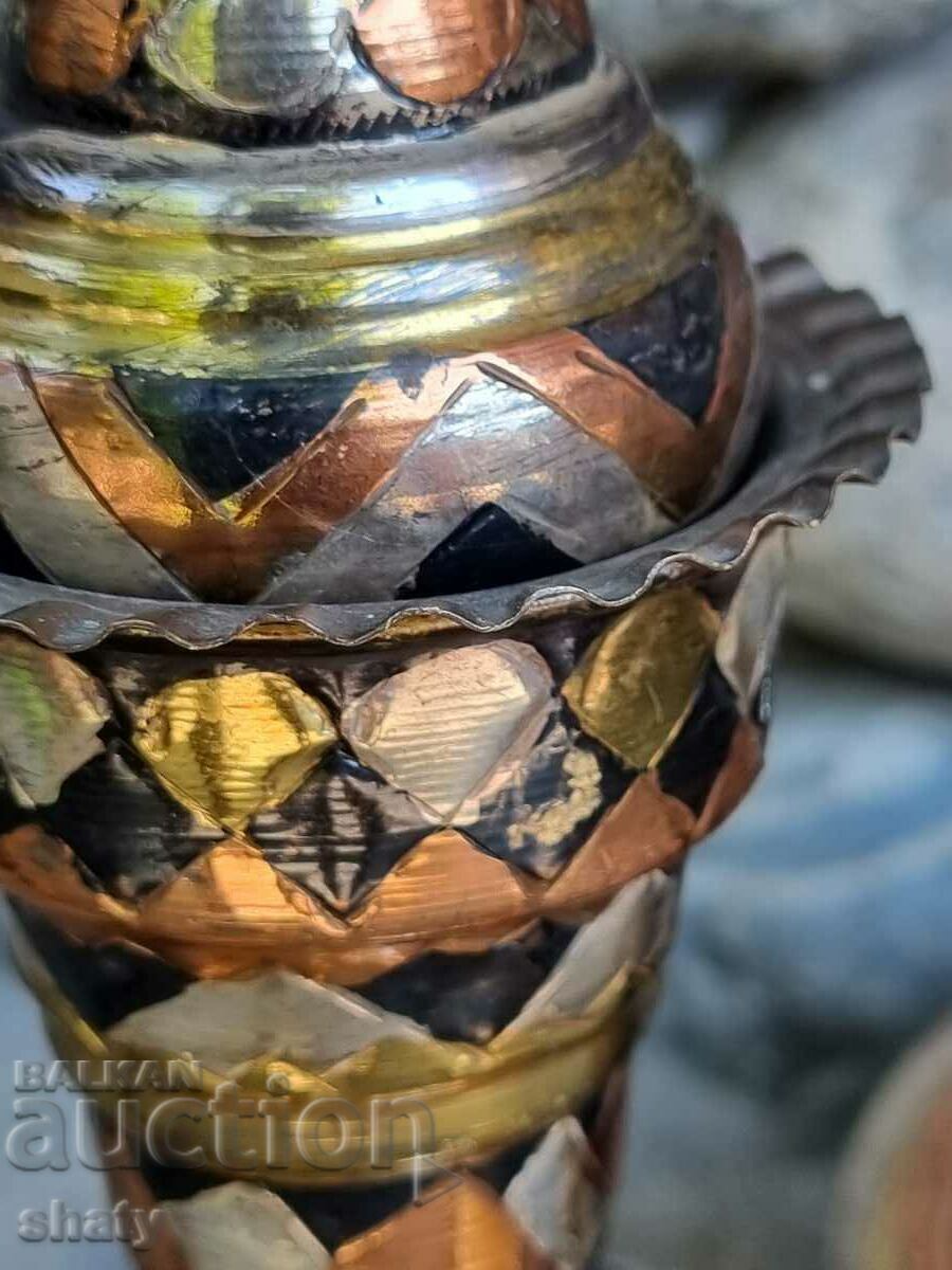 A unique bronze kettle with plates. Bronze jug. - 5