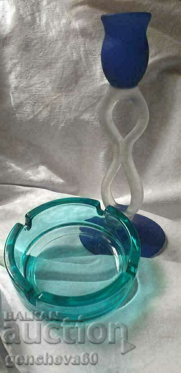 Beautiful candle holder and ashtray, colored glass