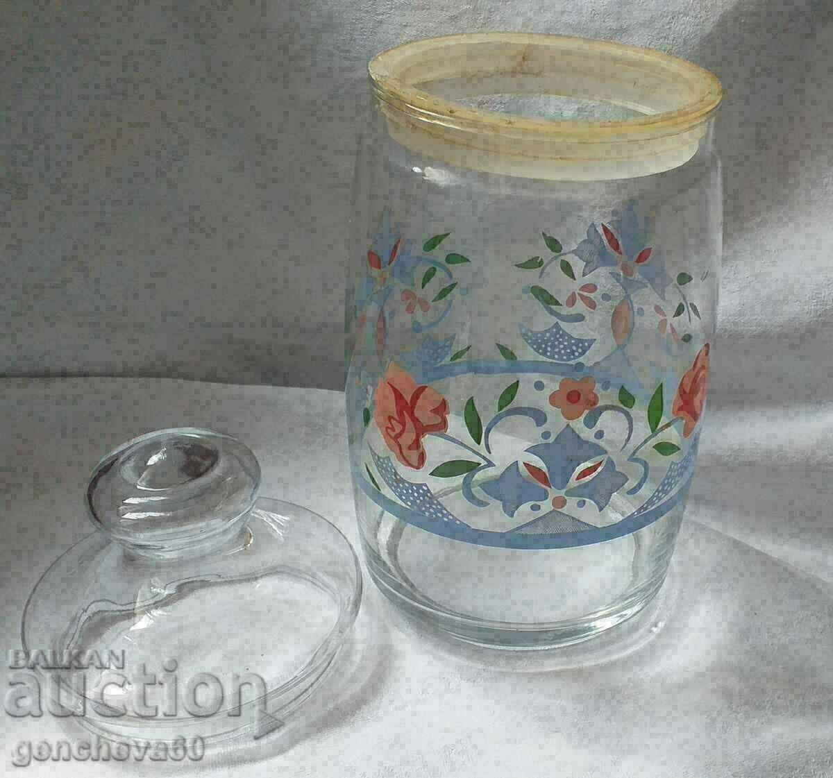 Vintage large painted glass kitchen jar with price 35.00 BGN | € 17.90 Vintage large painted glass kitchen jar with price 35.00 BGN | € 17.90