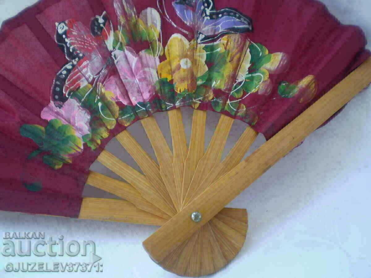 Auction Antique painted red silk wood fan Auction Antique painted red silk wood fan