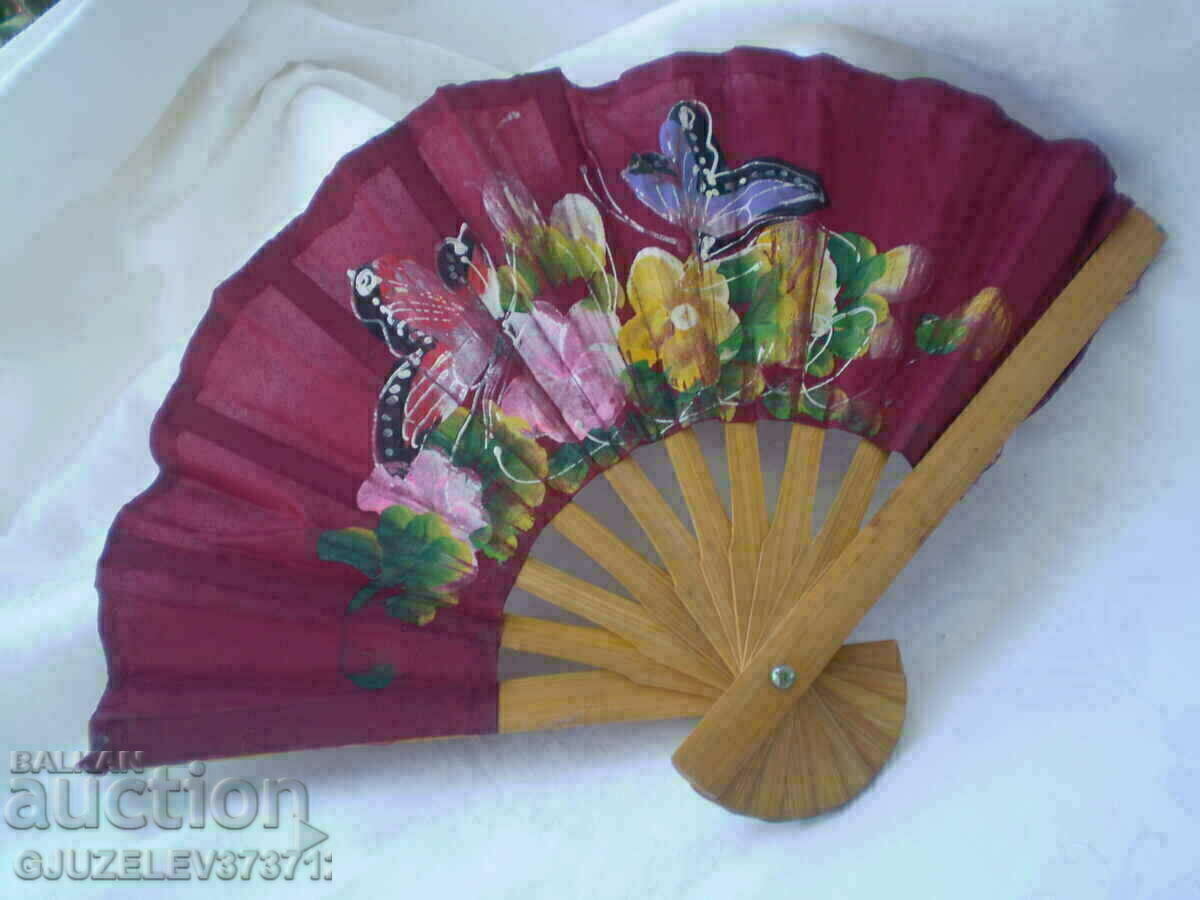 Antique painted red silk wood fan
