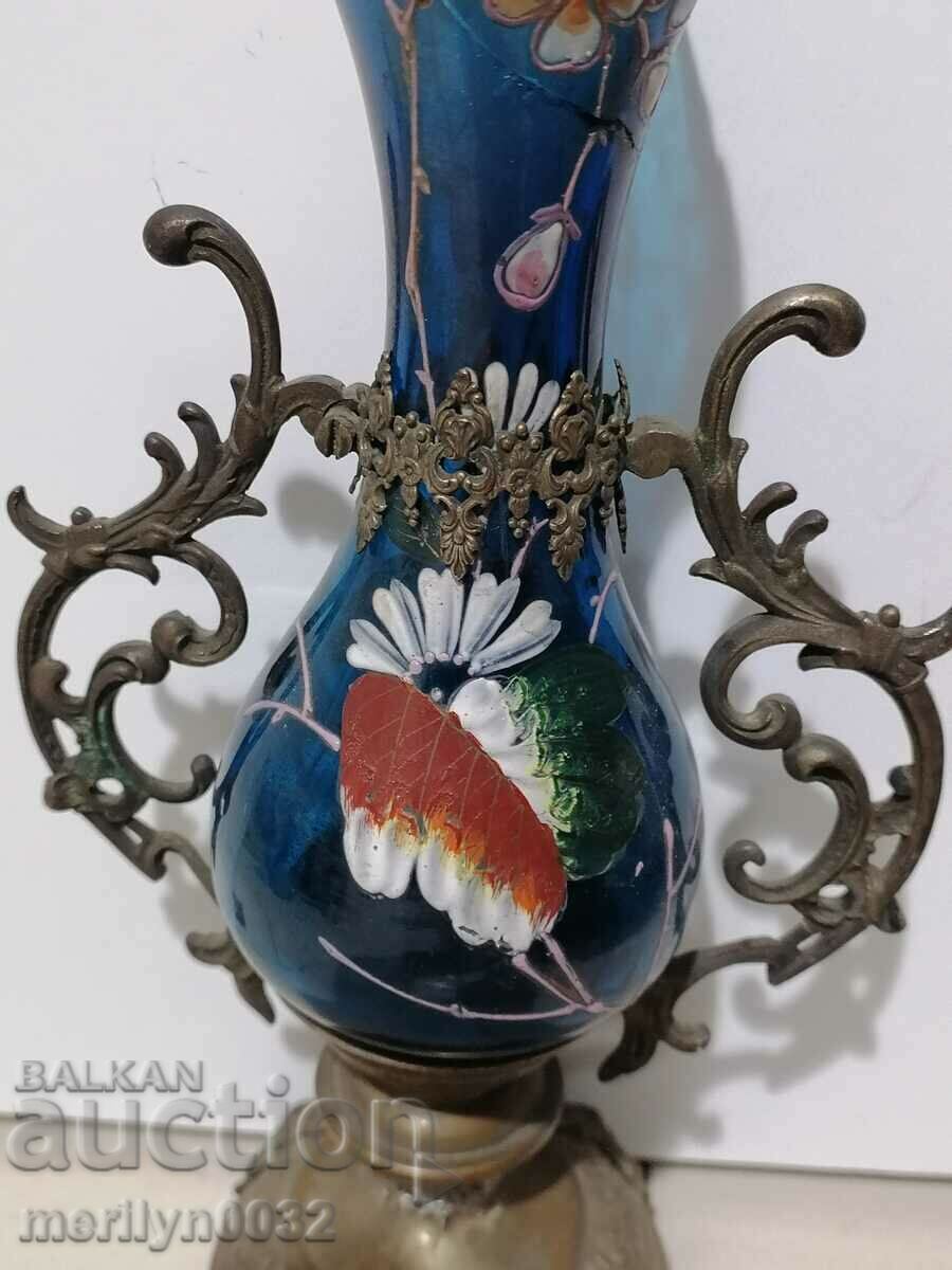 Auction Vintage hand painted glass and metal vase Auction Vintage hand painted glass and metal vase