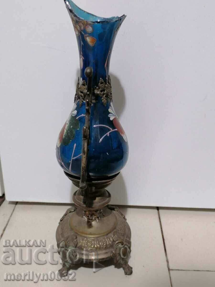 Vintage hand painted glass and metal vase - 5 Vintage hand painted glass and metal vase - 5