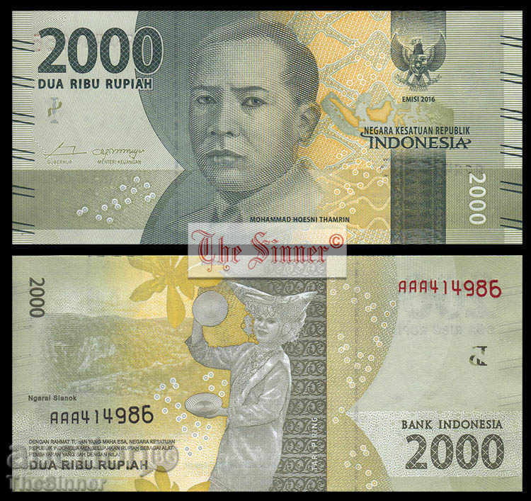 INDONEZIA 2000 Rupiah INDONEZIA 2000 Rupia, P-New, 2016 UNC