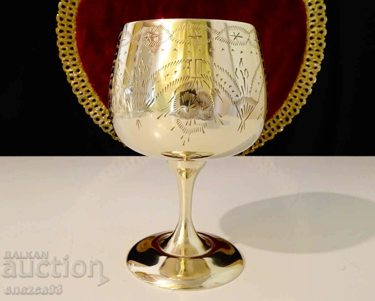 Engraved goblet, glass, nickel silver.