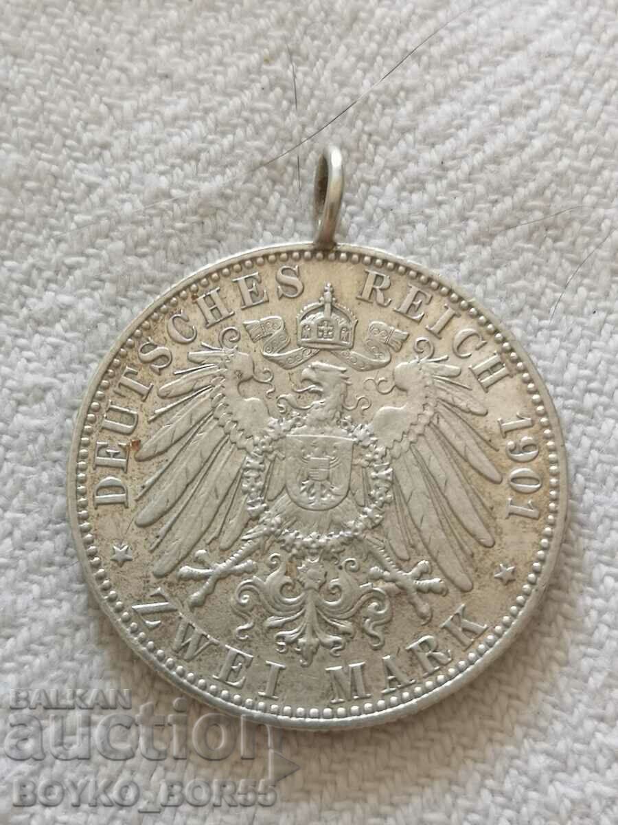 Monedă de argint Reich german zwei marca 2 mărci 1901