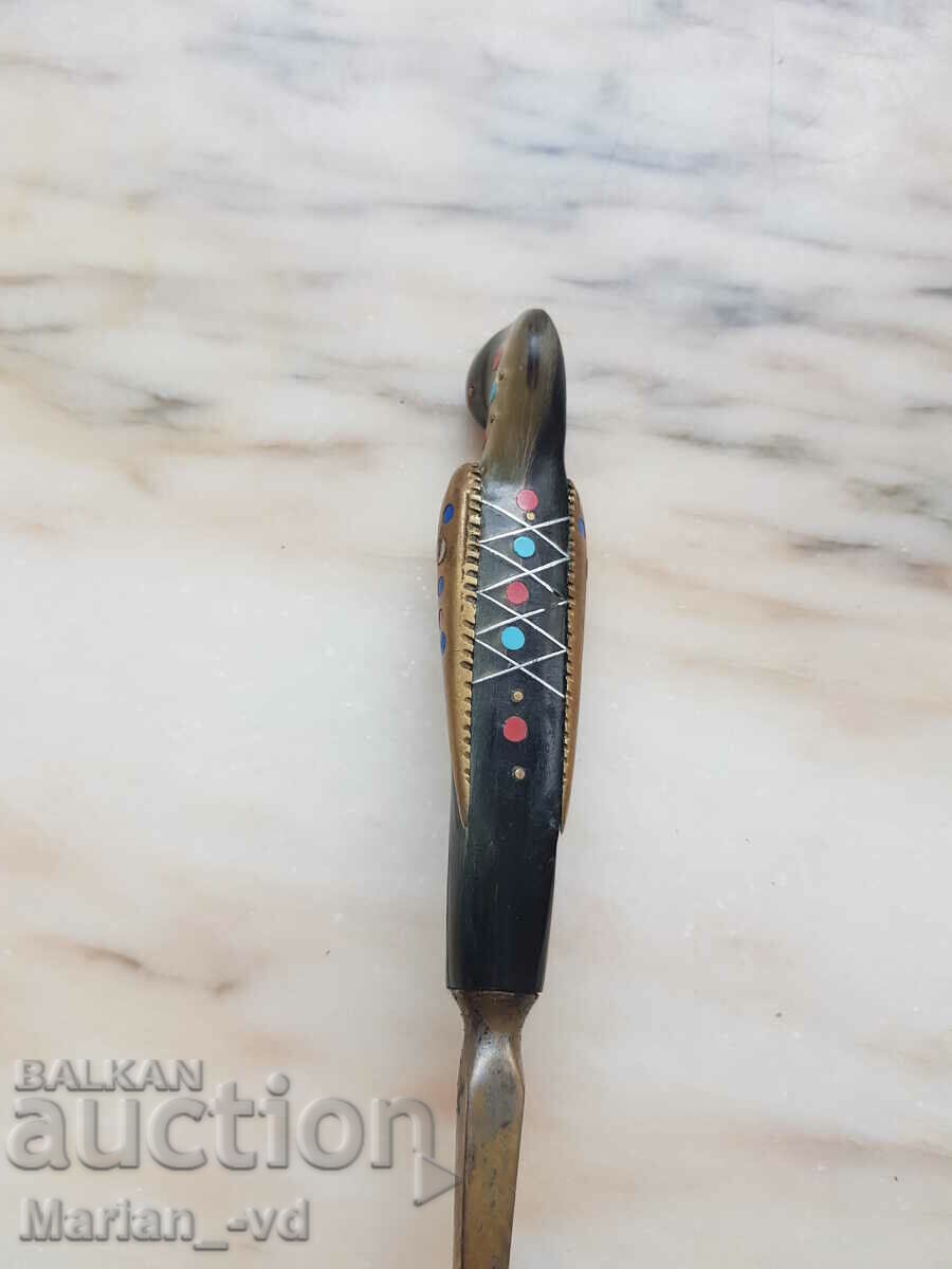 Auction  Old bronze spoon with buffalo horn handle