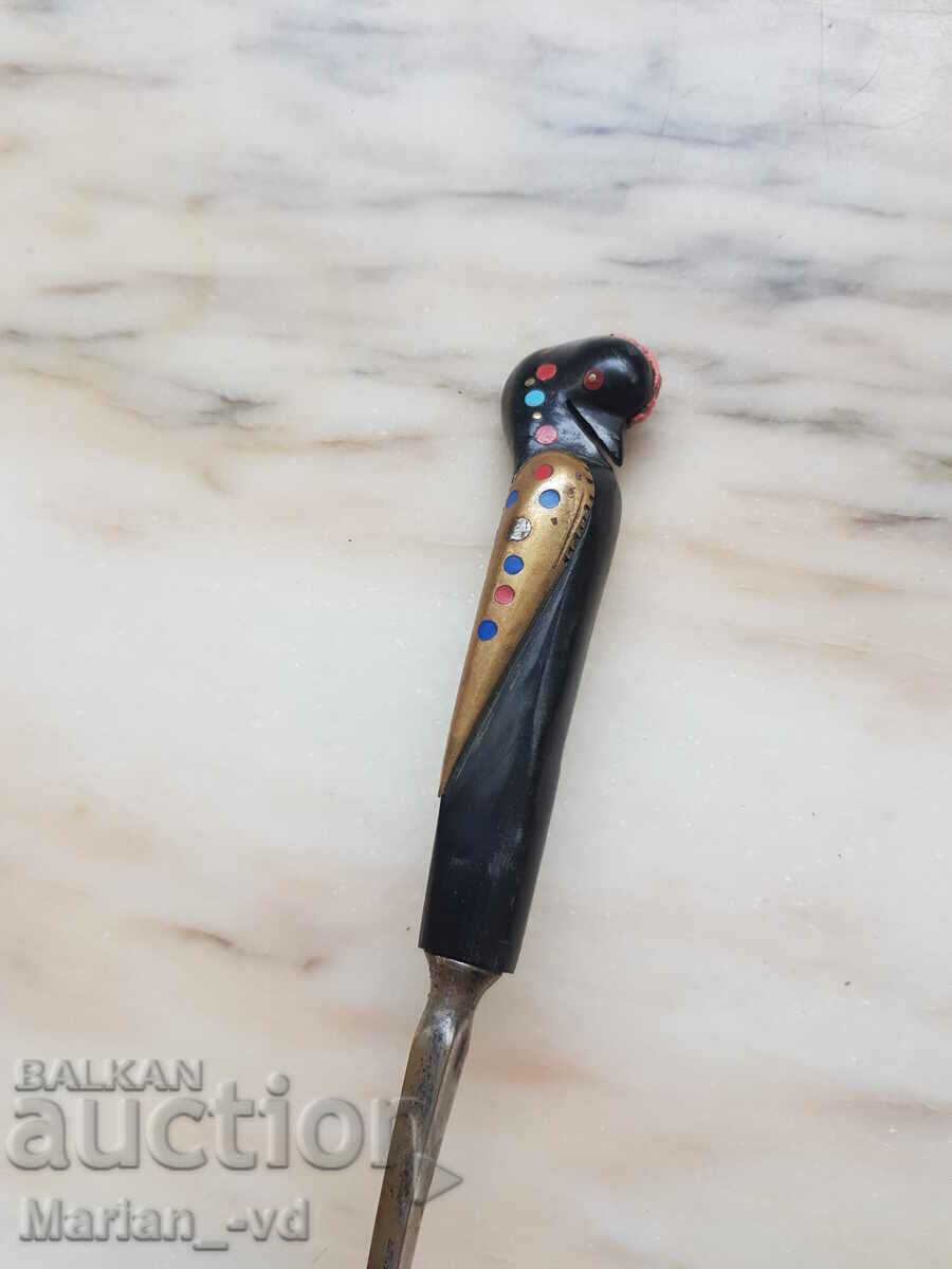 Delivery of Old bronze spoon with buffalo horn handle