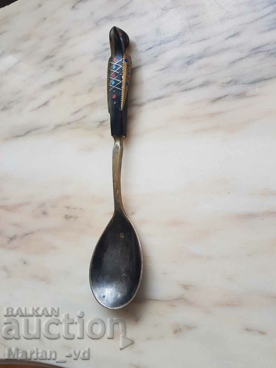 Old bronze spoon with buffalo horn handle - 5