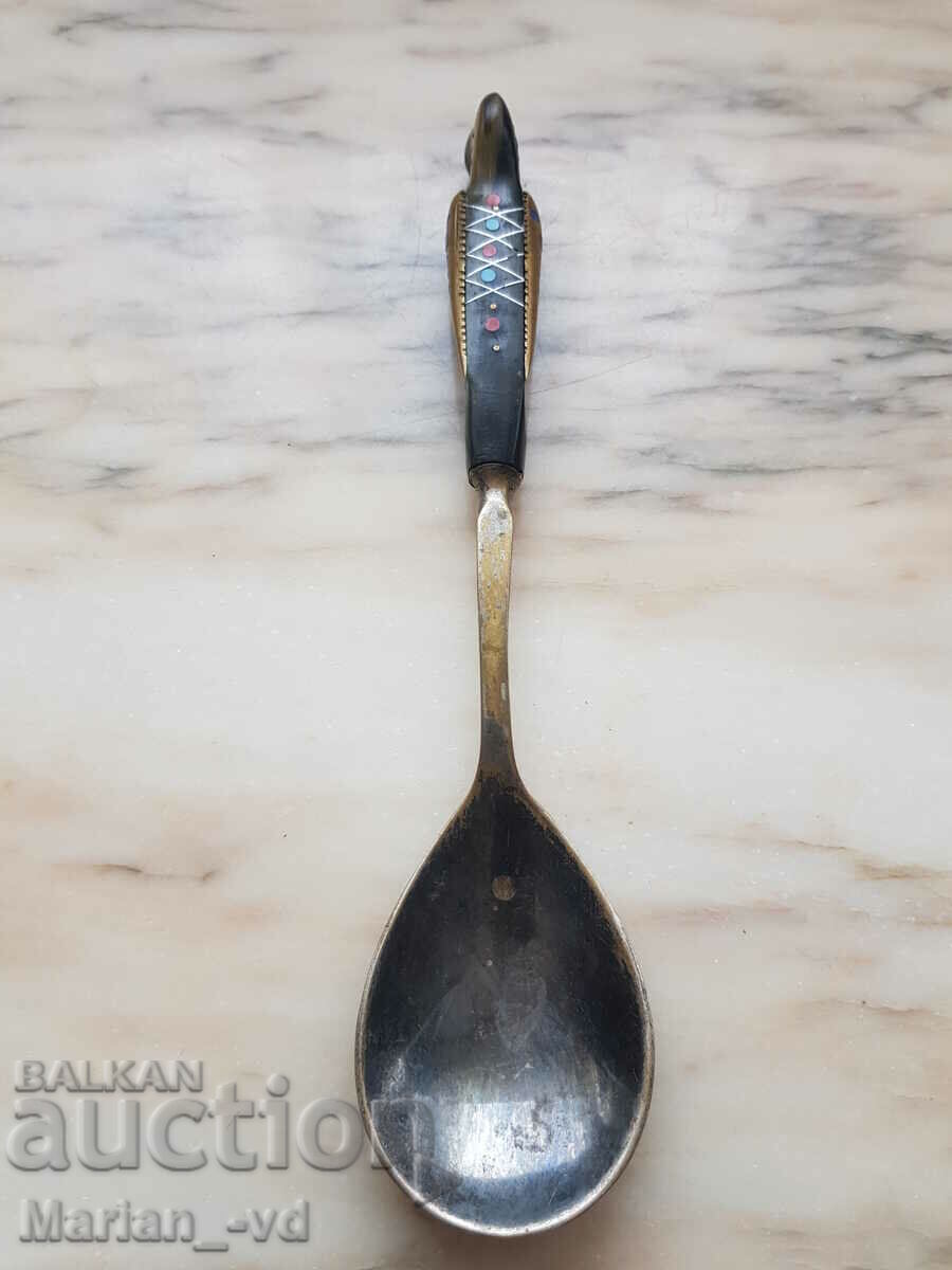 Old bronze spoon with buffalo horn handle - 6