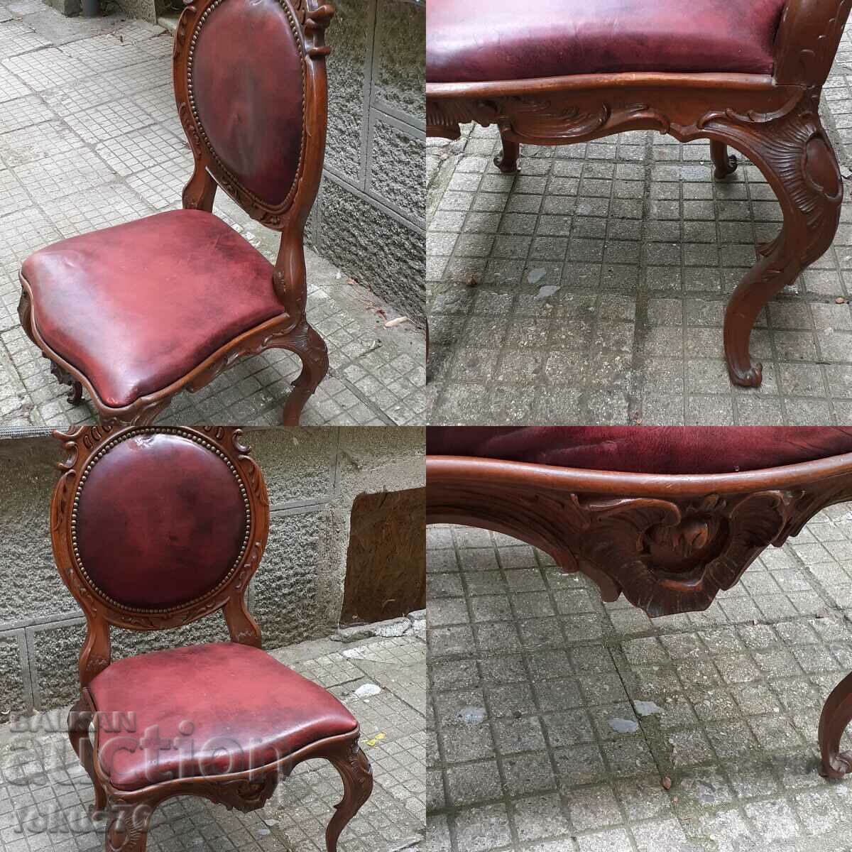 Unique chair antique solid walnut natural leather Louis 15 - 7