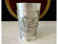 Cup, tin mug, hunting theme.