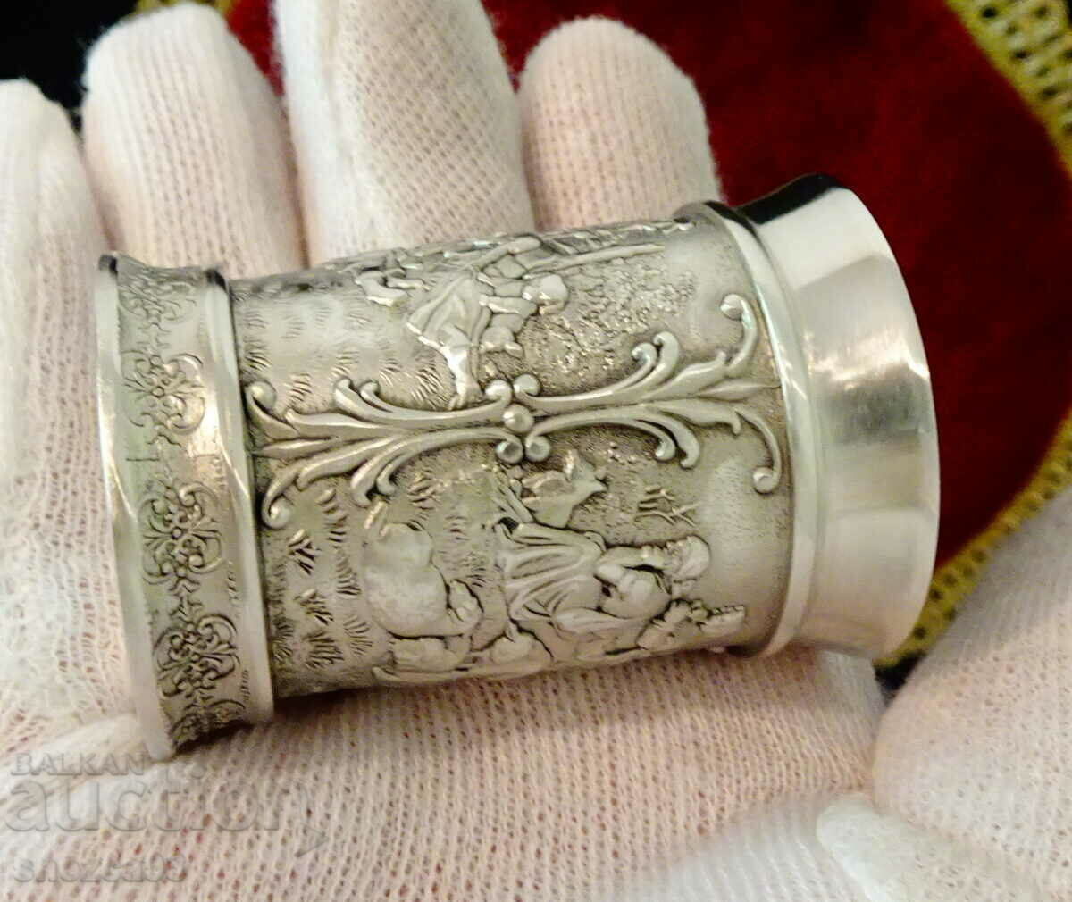 Auction Pewter rakia cup with rural scenes Auction Pewter rakia cup with rural scenes
