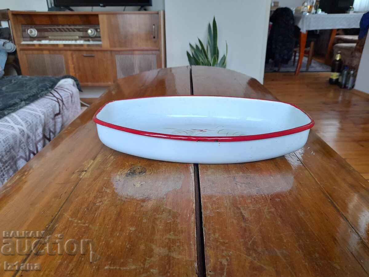 Old enameled tray, casserole