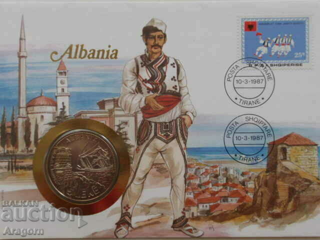 рядък плик с монета и марка Албания 5 лека 1987