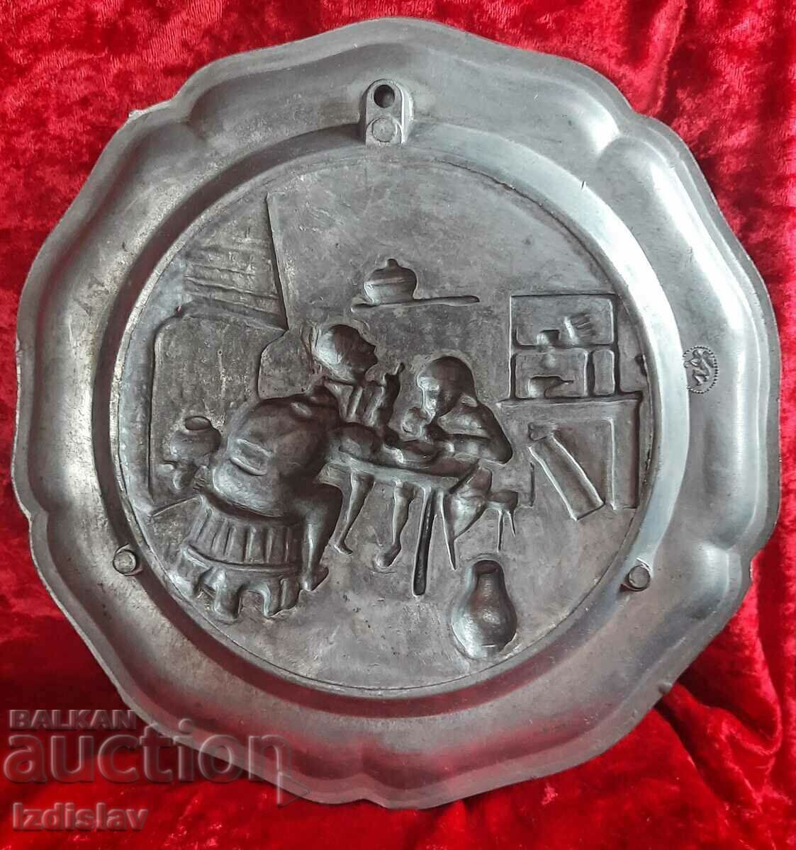 Old pewter wall plate with drinking soldiers with price 35.00 BGN | € 17.90 Old pewter wall plate with drinking soldiers with price 35.00 BGN | € 17.90
