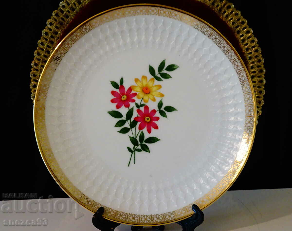 Bavarian porcelain plate, gold, flowers, relief.