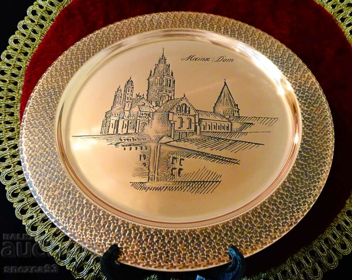 Copper wall plate, plate, tray with Cathedral lithography.