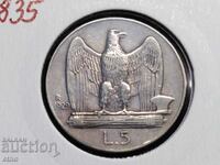 5 LIRES 1929 ITALY, SILVER 835, coin, coins