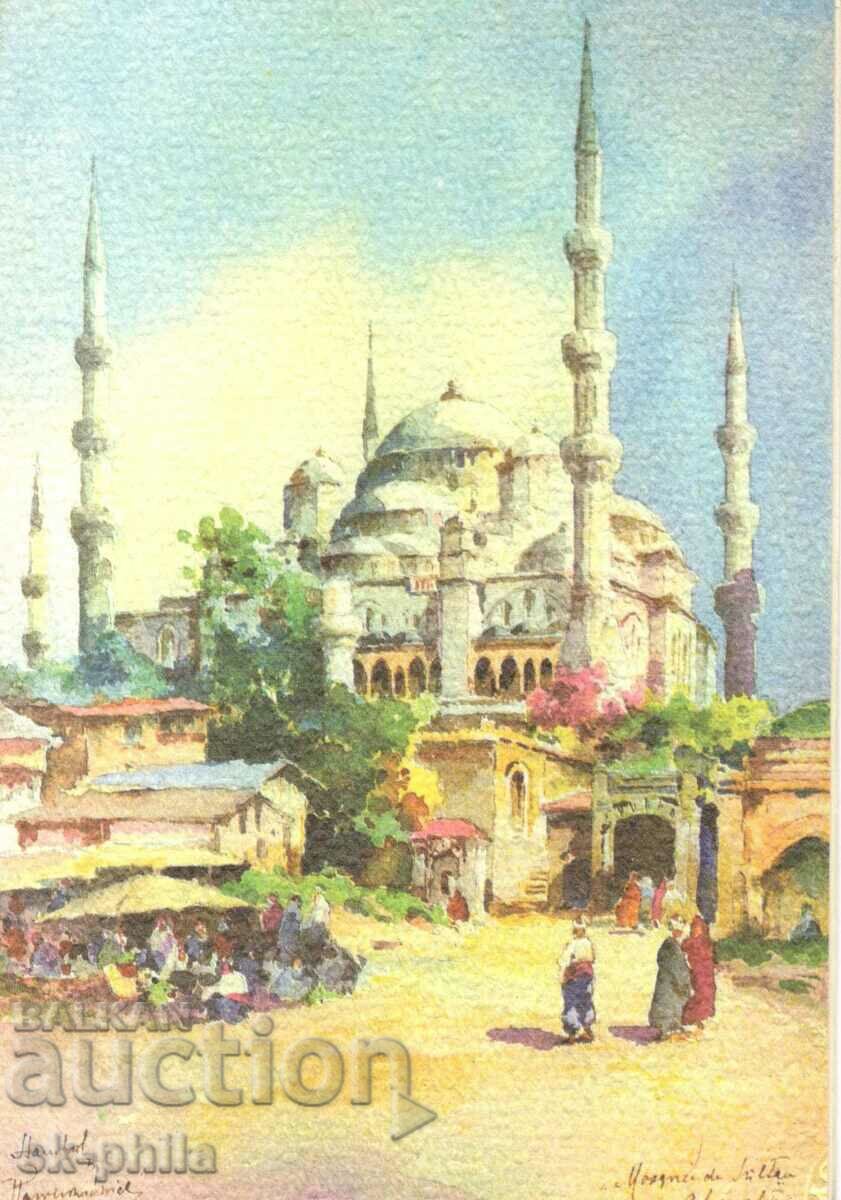 Old postcard - embossed - Istanbul, Sultan Ahmet Mosque