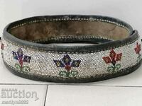 Old handwoven leather belt for pafti beads blue costume