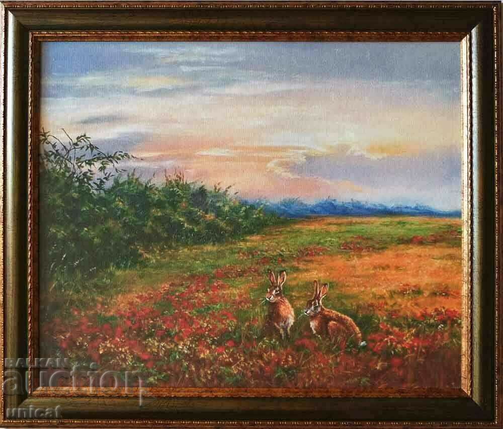 Picture, Landscape with rabbits, framed